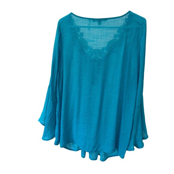 VALERIE STEVENS~ Women’s Teal Bell Sleeve Blouse Crochet Trim Size 1X - Picture 11 of 11